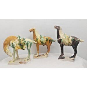 Chinese Ceramics Tri-Color Glazed Pottery Tang Dynasty Style 3 War-horses Statue